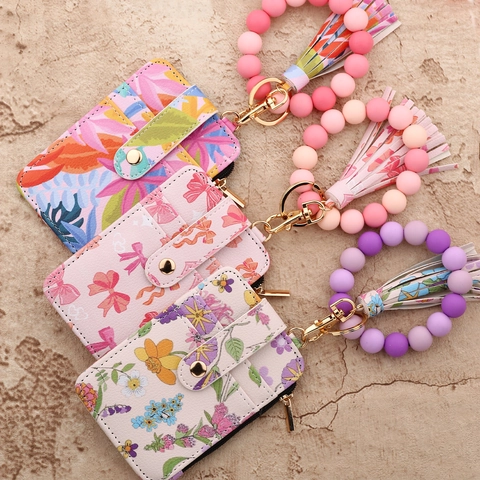 PU Leather Card Holder Keychain With Silicone Bead Bracelet Wristlet Tassel Keyring For Women Floral Print Coin Purse