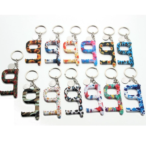 Acryl Contactloze Deuropener Sleutelhanger Met Metalen Sleutelring Anti-contact Liftknopdrukker Hygiëne Handhaak Gereedschap