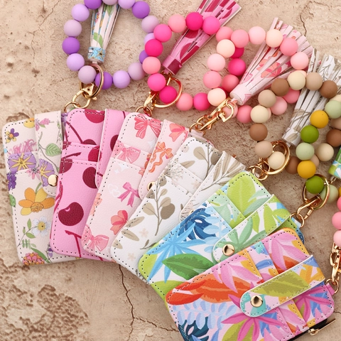 PU Leather Card Holder Keychain With Silicone Bead Bracelet Wristlet Tassel Keyring For Women Floral Print Coin Purse