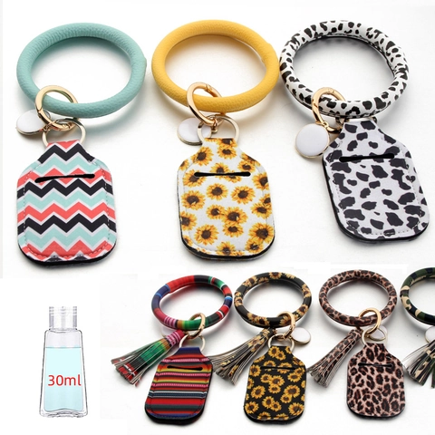Portable PU Leather Wristlet Keychain With Bottle Holder Sleeve Tassel Printed Bottle Cover For Travel Women Accessory