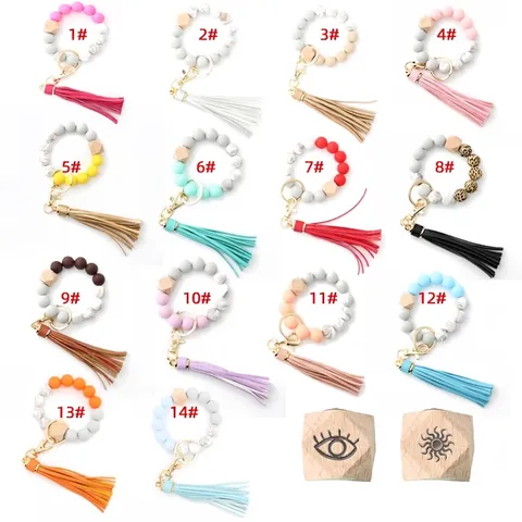 Siliconen Kralen Armband Sleutelhanger Voor Vrouwen Houten Kraal Polsband Sleutelhanger Met Kwastje Marmer Luipaard Patroon Anti-verlies Sleutelhouder