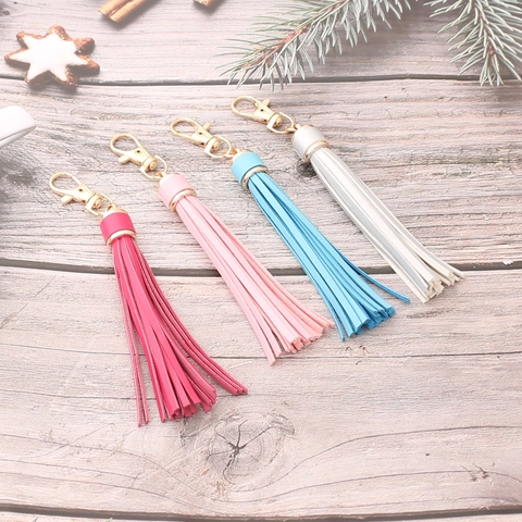 Fashion PU Leather Tassel Keychain Long Fringe Bag Charm With Gold Metal Lobster Clasp Fur Ball Pendant For Women Jewelry