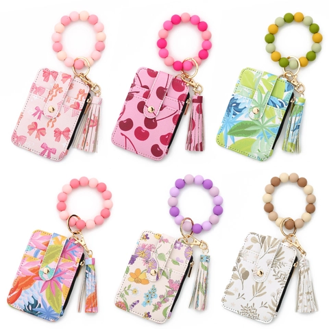 Women's PU Leather Printed Card Holder Wallet With Silicone Bead Wristlet Keychain Floral Pattern Tassel Zipper Purse