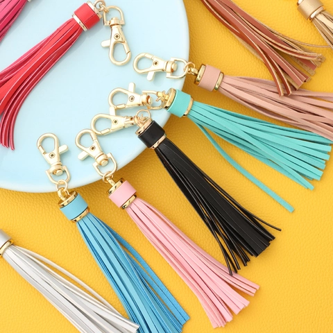 Llavero de Borla Larga de Cuero PU de Moda con Tapa de Aleación de Oro Colgante de Bolso Mujer Accesorios DIY Joyería