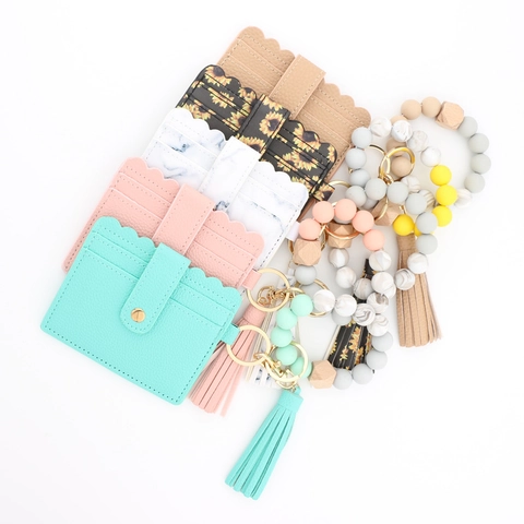 Silicone Bead Bracelet Keychain With PU Leather Card Holder Tassel Wristlet Key Ring For Women Girls Fashion Jewelry Accessory