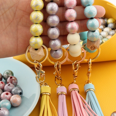 Fashion Beaded Tassel Keychain Bracelet For Women Silicone Wood Beads PU Leather Tassel Key Ring Holder Wristlet Jewelry