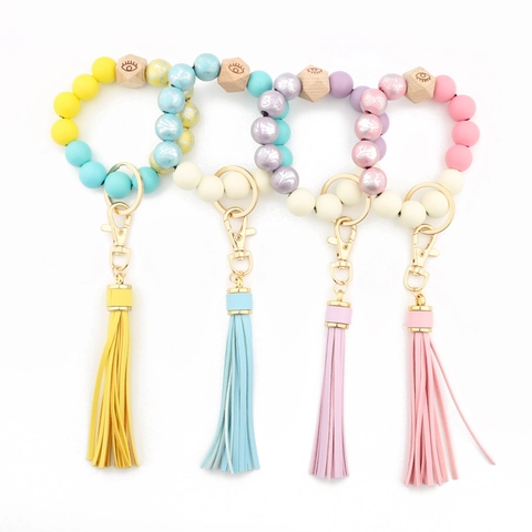 Fashion Beaded Tassel Keychain Bracelet For Women Silicone Wood Beads PU Leather Tassel Key Ring Holder Wristlet Jewelry