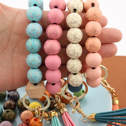 Perlen Armband Schlüsselanhänger Mit Quaste Silikon Holzperlen Böser Blick Muster Armreif Schlüsselring Für Damen Schmuck Geschenk