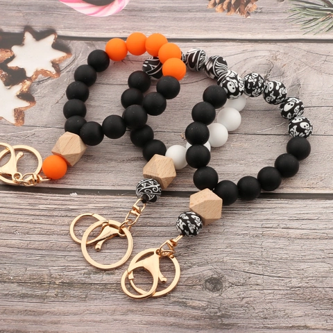 Halloween Silicone Bead Bracelet Skull Pattern Wood Bead Wristlet Keychain For Women Men Spooky Festive Gift Jewelry