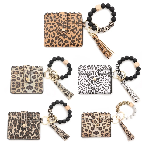 Leopard Print Silicone Bead Keychain Bracelet Wristlet With PU Leather Card Wallet Tassel Metal Key Ring For Women