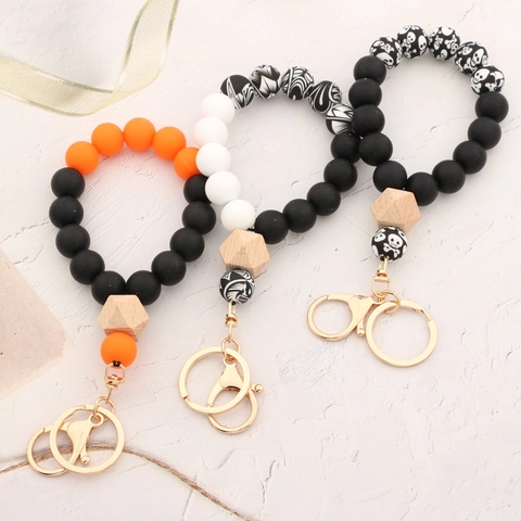 Halloween Silicone Bead Bracelet Skull Pattern Wood Bead Wristlet Keychain For Women Men Spooky Festive Gift Jewelry