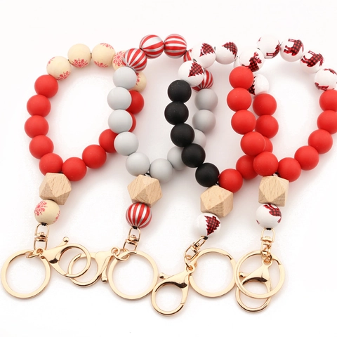 Porte-clés Bracelet en Silicone de Noël pour Femme Perles en Silicone et Bois Porte-clés de Poignet Fermoir en Métal Motif Flocon de Neige Renne Cadeau