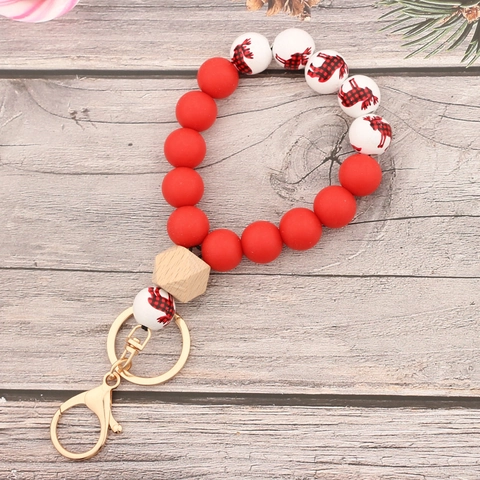 Porte-clés Bracelet en Silicone de Noël pour Femme Perles en Silicone et Bois Porte-clés de Poignet Fermoir en Métal Motif Flocon de Neige Renne Cadeau
