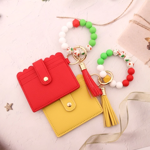 Weihnachten Silikon Perlen Armband Schlüsselanhänger Mit Wellenrand PU Leder Kartenhalter Quaste Damen Feiertag Mode Accessoire
