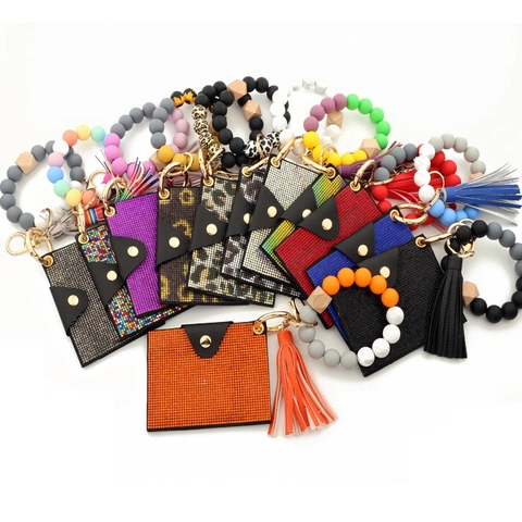 Silicone Bead Bracelet Keychain With Rhinestone Card Holder Tassel Wallet Leopard Print PU Leather Women Bag Accessories