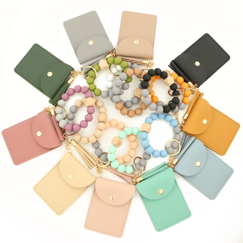 Dames Siliconen Kralen Polsband Sleutelhanger Met PU Leer Kaarthouder Portemonnee En Kwastje Litchi Patroon