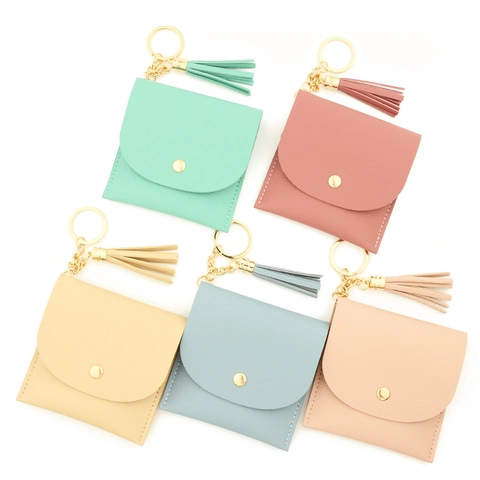 Mini Monedero de Cuero PU Con Borla Llavero Color Sólido Portatarjetas Con Botón de Metal Para Mujer Accesorios
