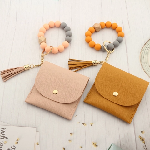 Bracciale a Portachiavi con Perline di Silicone Donna con Mini Portafoglio in Pelle PU Nappina Portachiavi Geometrico in Legno