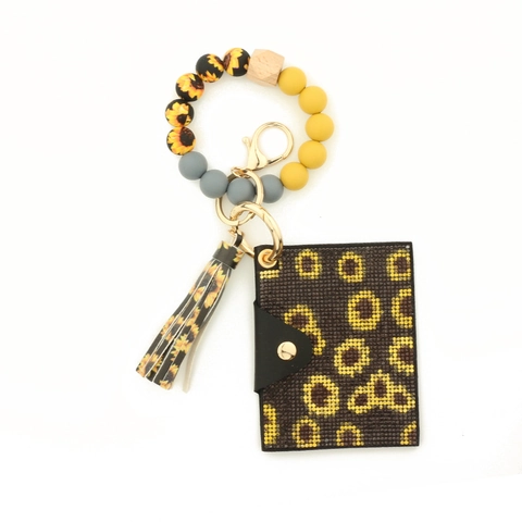 Sunflower Silicone Bead Bracelet Keychain With Synthetic Leather Card Holder Tassel Beaded Wristlet Keychain For Women
