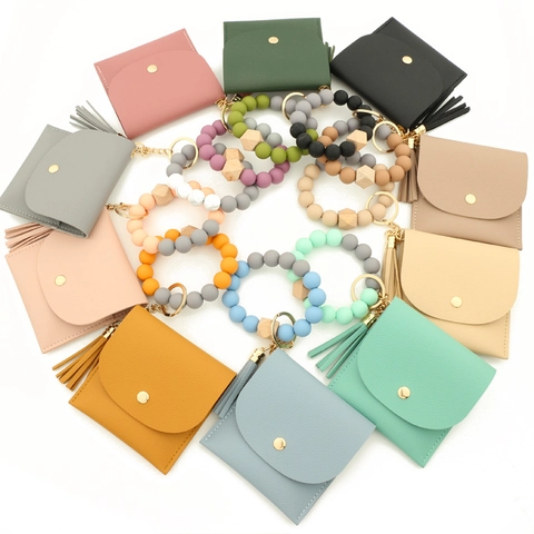 Bracciale a Portachiavi con Perline di Silicone Donna con Mini Portafoglio in Pelle PU Nappina Portachiavi Geometrico in Legno