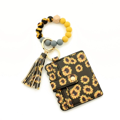 Sunflower Silicone Bead Bracelet Keychain With Synthetic Leather Card Holder Tassel Beaded Wristlet Keychain For Women