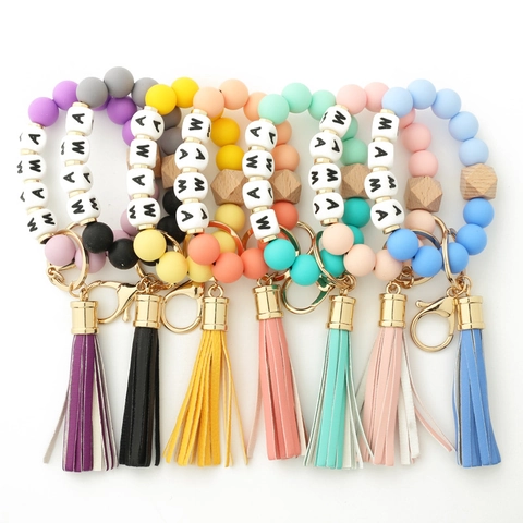 MAMA Letter Silicone Beads Keychain Wristlet Wood Bead PU Tassel Key Ring For Women Fashion Accessory Mother Day Gift