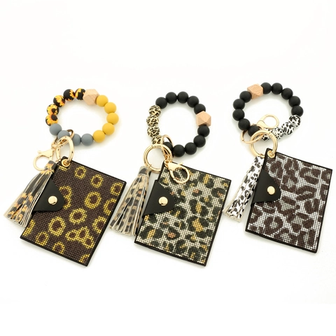 Silicone Bead Bracelet Keychain With Rhinestone Card Holder Tassel Wallet Leopard Print PU Leather Women Bag Accessories
