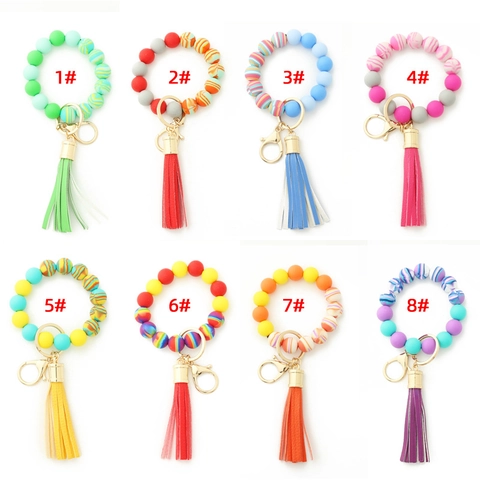 Silicone Bead Bracelet Keychain With Beech Wood Bead Leather Tassel Colorful Marble Pattern Wristlet For Women Key Ring