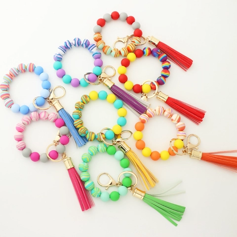Silicone Bead Bracelet Keychain With Beech Wood Bead Leather Tassel Colorful Marble Pattern Wristlet For Women Key Ring