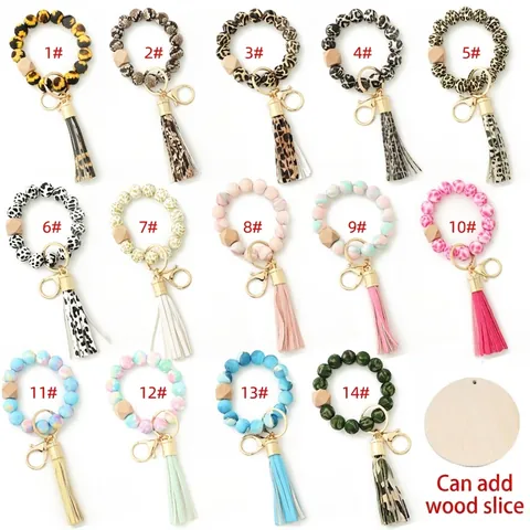 Boho Silicone Bead Bracelet Keychain With Tassel Wood Bead Leopard Print Key Ring Holder For Women Fashion Wristlet Accessories