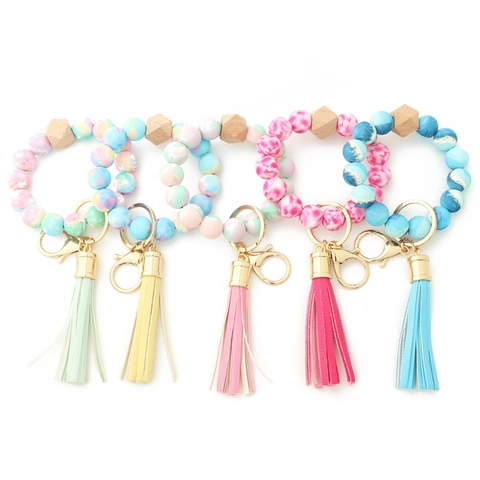 Boho Silicone Bead Bracelet Keychain With Tassel Wood Bead Leopard Print Key Ring Holder For Women Fashion Wristlet Accessories
