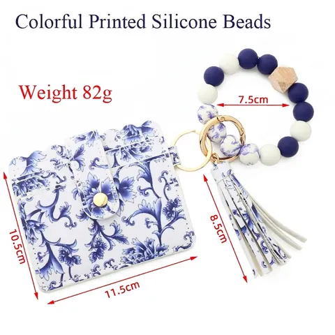Bracciale Portachiavi in Perline di Silicone Con Porta Carte in Pelle PU Nappa Motivo Floreale Geometrico Donna