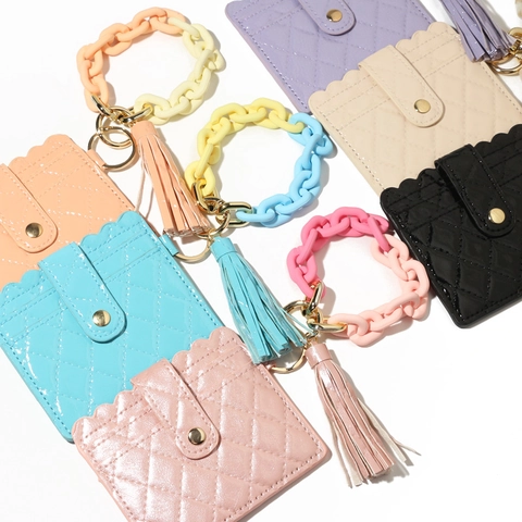 Women Macaron Color Acrylic Chain Bracelet Card Holder Keychain PU Leather Quilted Card Case With Tassel Key Ring Wallet