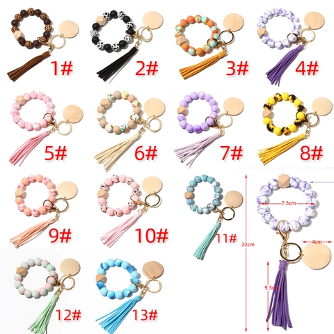 Pulsera Llavero de Cuentas de Silicona para Mujer con Cuenta de Madera de Haya Borla de Cuero y Disco de Madera Redondo