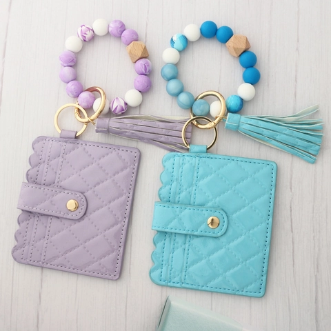 Quilted Silicone Bead Bangle Keychain Wallet Scalloped Card Holder With Tassel Artificial Leather Wristlet For Women