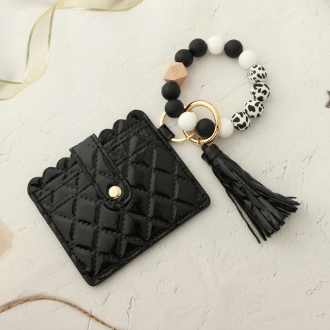 Quilted Silicone Bead Bangle Keychain Wallet Scalloped Card Holder With Tassel Artificial Leather Wristlet For Women