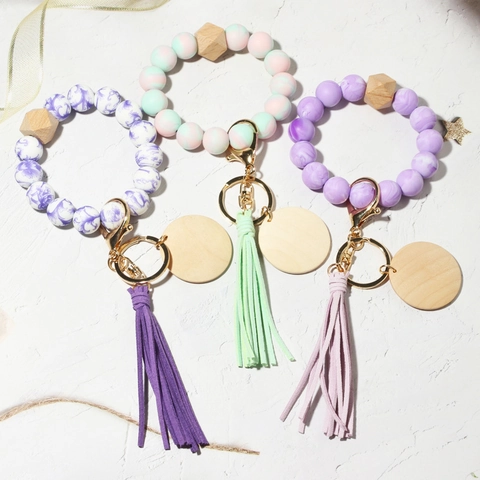 Pulsera Llavero de Cuentas de Silicona para Mujer con Cuenta de Madera de Haya Borla de Cuero y Disco de Madera Redondo