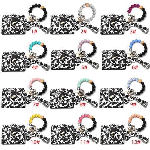 Cow Print Silicone Bead Bracelet Keychain With PU Leather Card Holder Tassel Mama Cow Head Charm Wristlet Wallet Keyring Set