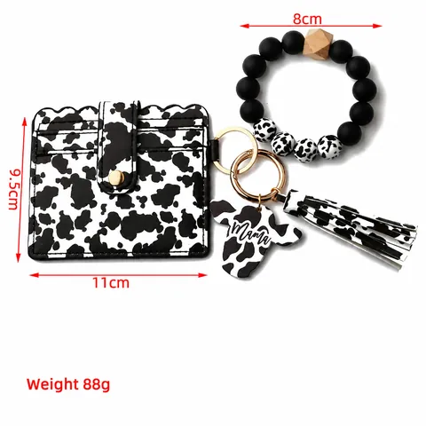 Kuhmuster Silikonperlen Armband Schlüsselanhänger Mit PU Leder Kartenhalter Quaste Mama Kuhkopf Anhänger Handgelenk Brieftasche Set