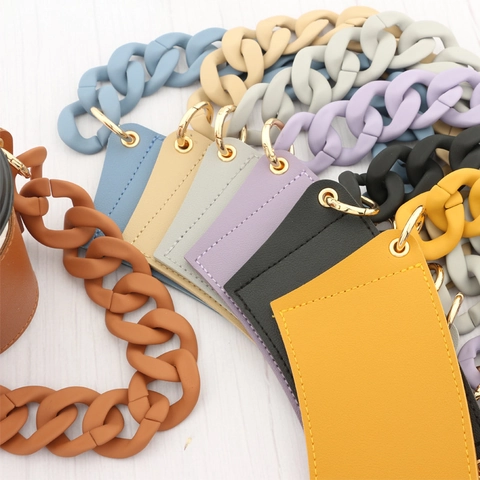 Portable PU Leather Coffee Cup Sleeve With Chunky Plastic Chain Handle Insulated Reusable Fashion Cup Carrier For Women