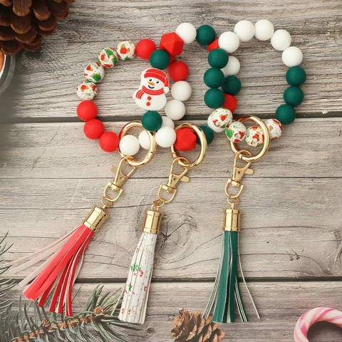 Weihnachten Silikonperlen Armband Schlüsselanhänger Mit Lederquaste Holzperlen Weihnachtsmann Schneemann Muster Festliches Geschenk