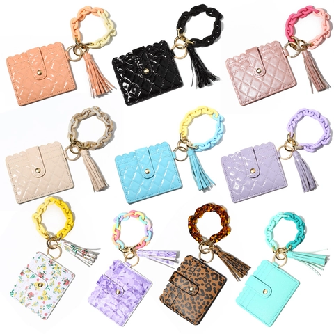 Women Macaron Color Acrylic Chain Bracelet Card Holder Keychain PU Leather Quilted Card Case With Tassel Key Ring Wallet