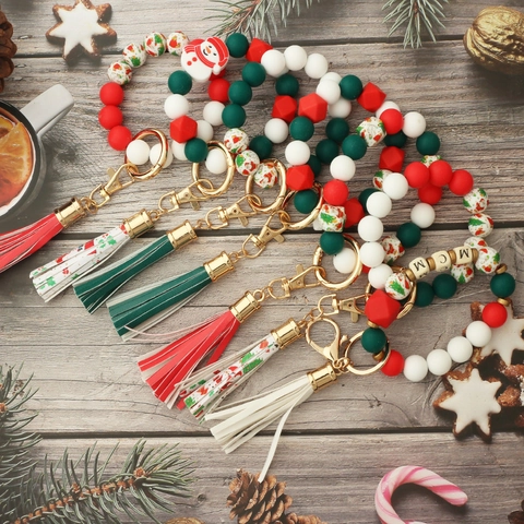 Weihnachten Silikonperlen Armband Schlüsselanhänger Mit Lederquaste Holzperlen Weihnachtsmann Schneemann Muster Festliches Geschenk