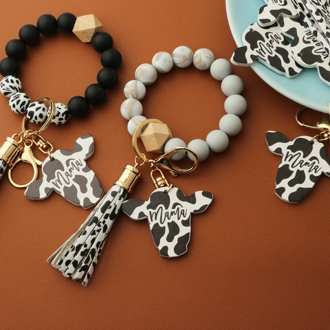 Cow Print Silicone Bead Bracelet Keychain With PU Leather Card Holder Tassel Mama Cow Head Charm Wristlet Wallet Keyring Set