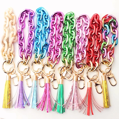 Mode Acryl Dicke Kette Schlüsselanhänger Quaste Armband Für Damen Zinklegierung Ring Armband Tasche Charme Schmuck Zubehör