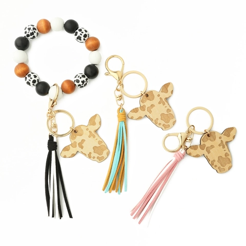 Western Cowboy Bull Head Wood Leather Tassel Keychain Mama Cow Print Bag Pendant Jewelry Handbag Accessory Gift For Women
