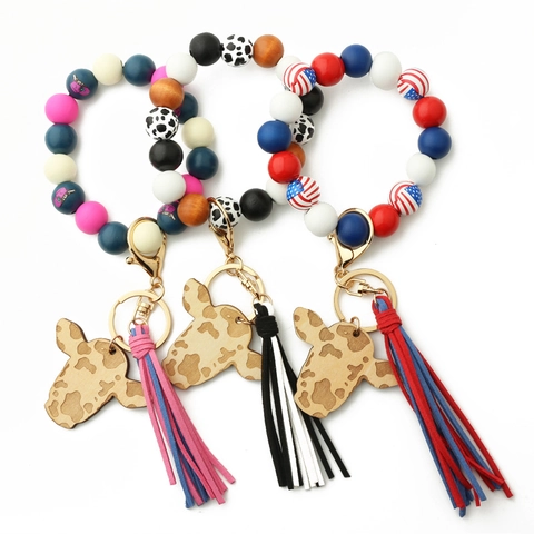 Western Cowboy Bull Head Beaded Wristlet Keychain With Silicone Wood Beads Suede Tassel Cow Print Sunflower Pattern Bracelet Jewelry