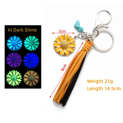 Porte-clés Tournesol Lumineux avec Gland Brille dans Noir Marguerite en Métal Anneau Bohème Pendentif de Sac