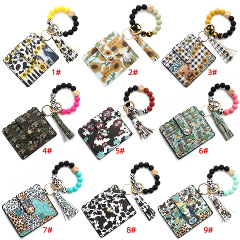 Westerse Stijl Siliconen Kralen Armband Sleutelhanger PU Leer Kaarthouder Portemonnee Met Kwastje Zonnebloem Koeprint Dames