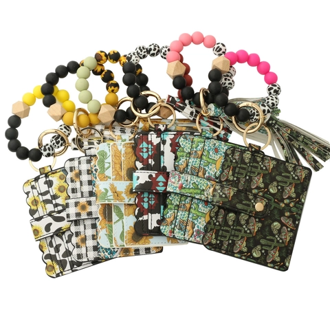 Western Style PU Leder Kartenhalter Brieftasche Schlüsselanhänger Set Mit Silikon Perlen Armband Quaste Für Damen Alltag